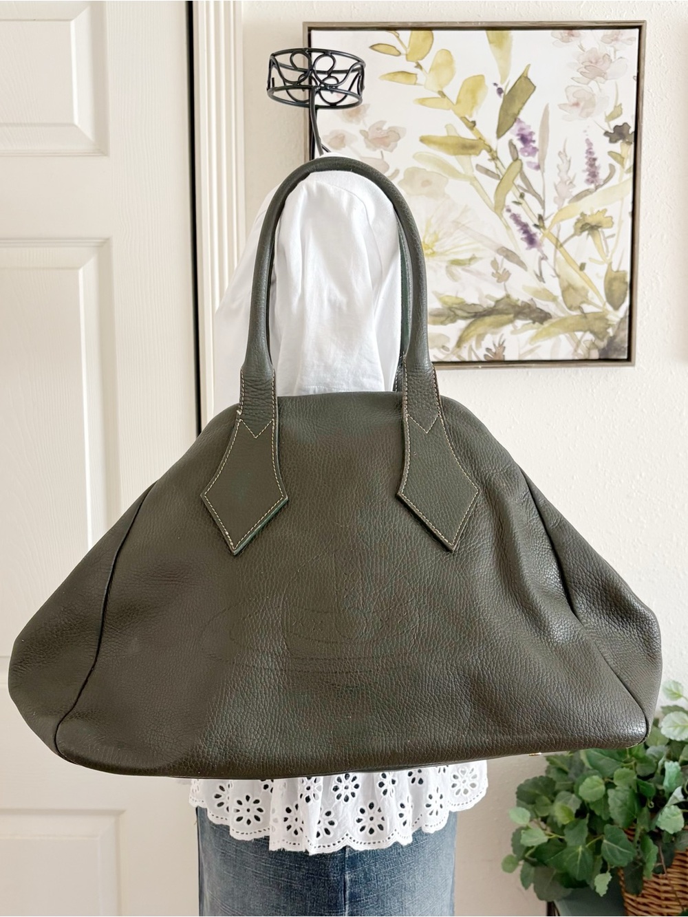 Vivienne Westwood Orb Olive 🫒 Green Pebble Leather Handbag Tote Bag